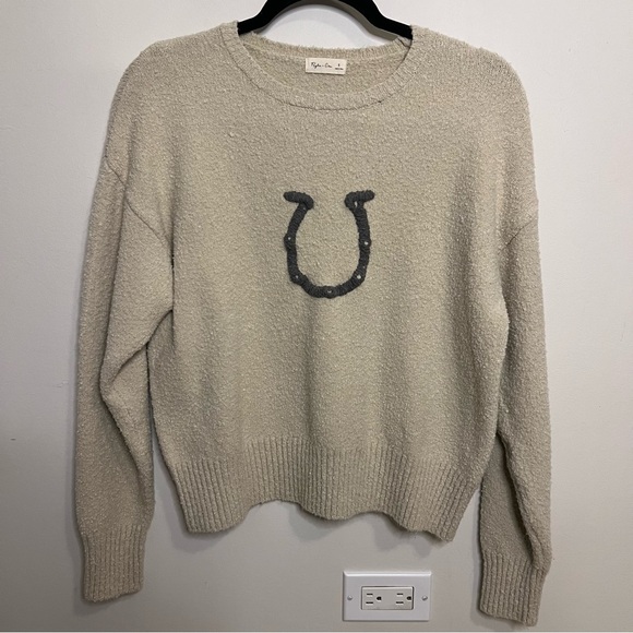 Rylee + Cru Sweaters - Rylee Cru Women's Cream Sweater with Horseshoe Design Western Cowgirl Horse